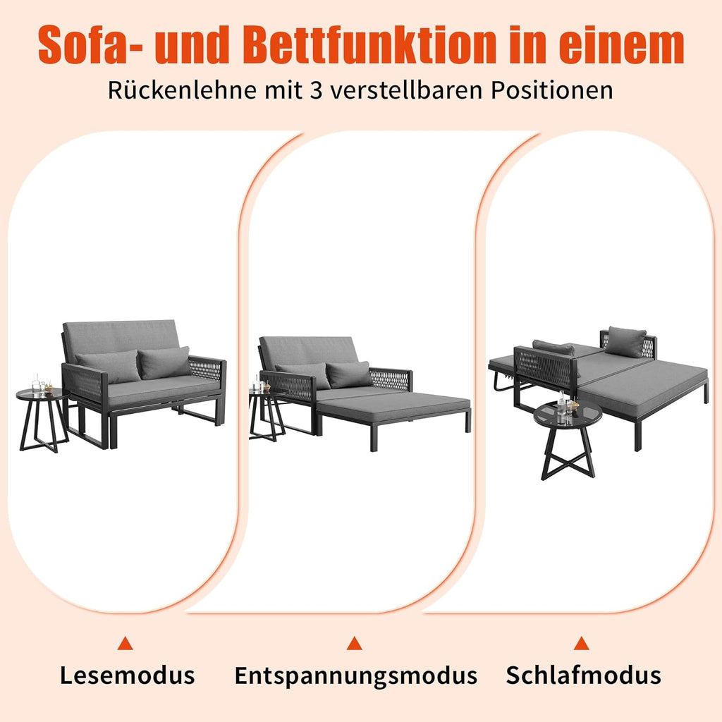 Tumbona de jardín con reposabrazos de hierro trenzado, sofá de exterior resistente a la intemperie, incluye mesa de centro de cristal y cojines, sofá cama para exterior, sofá de dos plazas con taburete y mesa de centro, gris