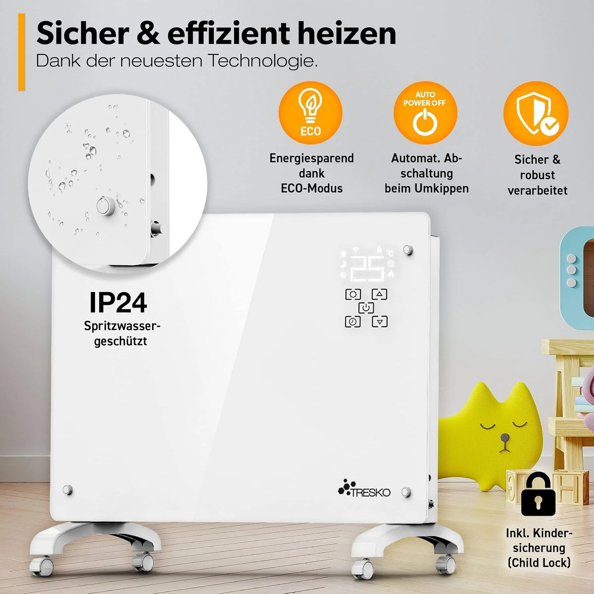 TRESKO® Szklany konwektor 2000 W, aplikacja WiFi, ogrzewanie elektryczne, ogrzewanie szklane, grzejnik konwektorowy, grzejnik LED i timer, grzejnik elektryczny, ogrzewanie stojące lub ścienne