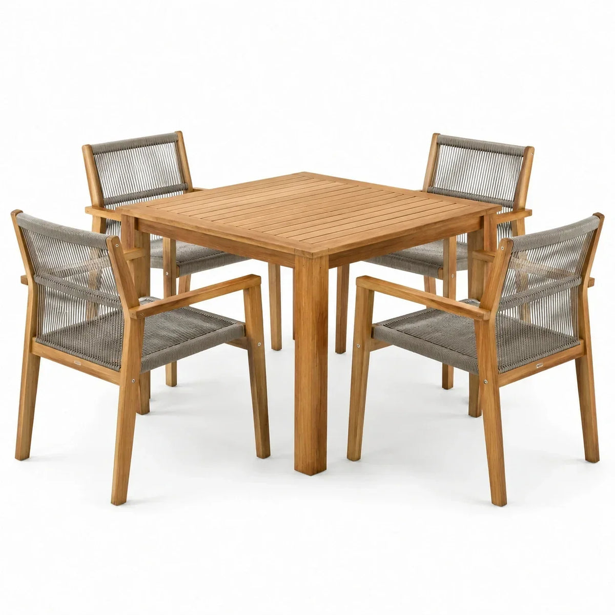 Conjunto de comedor de jardín de madera de teca con mesa y 4 sillas de cuerda trenzada