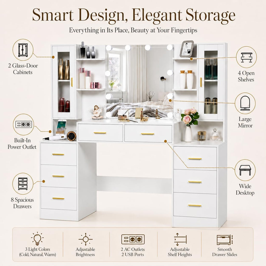 ANWBROAD 150cm Tocador grande con iluminación LED ajustable de 3 colores y enchufes, tocador moderno con espejo, 8 cajones, 6 estantes abiertos, mesa de maquillaje blanco BDT67W