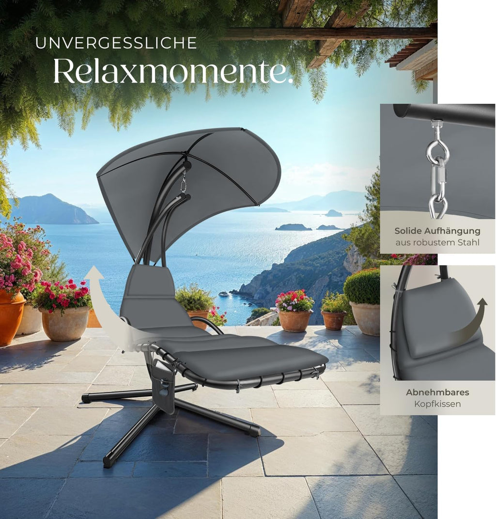 Tumbona colgante con soporte y toldo, hamaca de jardín 405123-3, tumbona relax para exterior con cojín y almohada