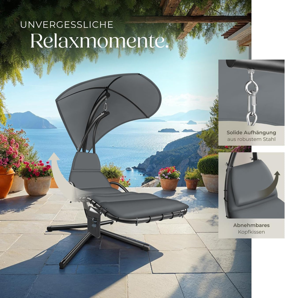 Tumbona colgante con soporte y toldo, hamaca de jardín 405123-3, tumbona relax para exterior con cojín y almohada