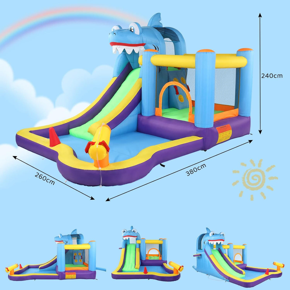 LEADZM Castillo hinchable con soplador, parque acuático inflable con temática de tiburón, con trampolín, tobogán, piscina, pistola de agua, adecuado para 3 niños de 3 a 10 años, 380x260x240 cm