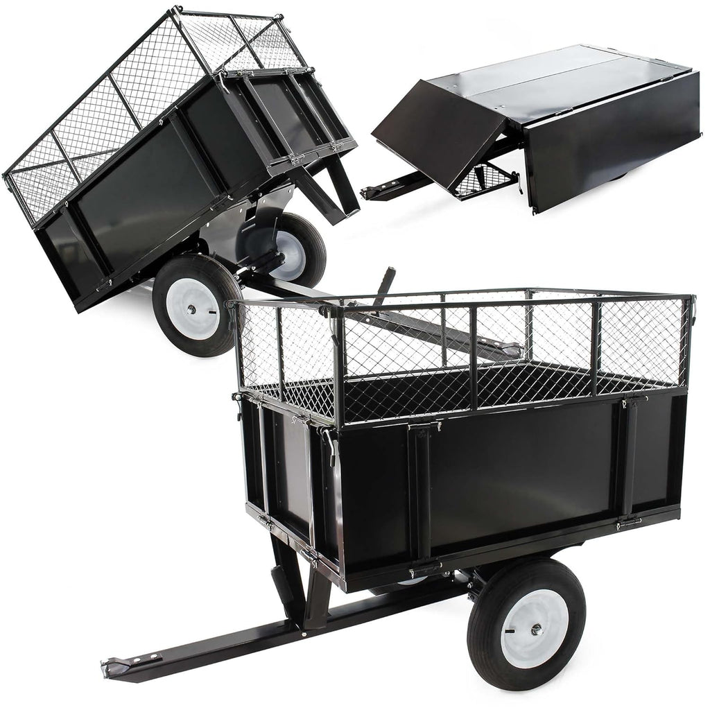 Remolque basculante Wiltec 166,5 x 77,5 x 106 cm 300 kg, remolque volquete para tractor cortacésped con rejilla y laterales extraíbles, remolque con función de basculamiento