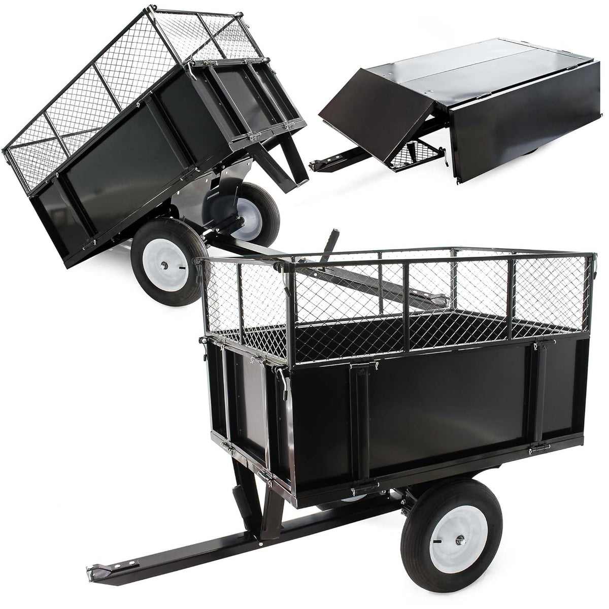 Remolque basculante Wiltec 166,5 x 77,5 x 106 cm 300 kg, remolque volquete para tractor cortacésped con rejilla y laterales extraíbles, remolque con función de basculamiento