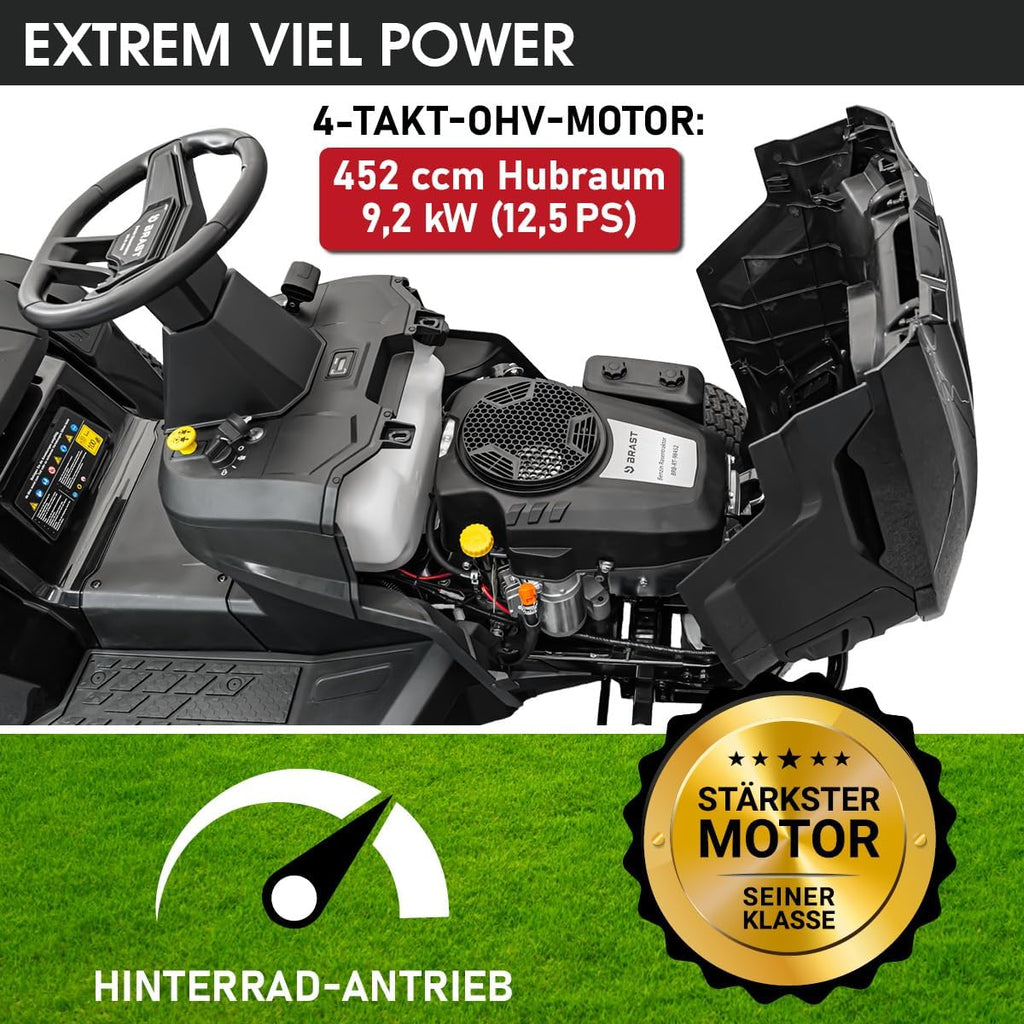 Tractor cortacésped a gasolina BRAST | 9,2 kW (12,5 CV) | Arranque eléctrico | Ancho de corte XXL de 98 cm | Función 2 en 1 | Transmisión de 7 velocidades | Cesta de recogida de 245 L | para grandes superficies de césped de 1.000-5.000 m²