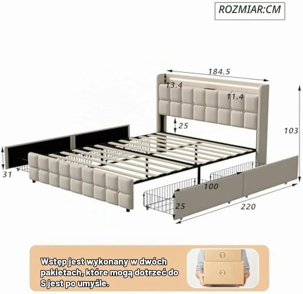 Ycz Łóżko tapicerowane, 180 x 200 cm, rama łóżka king size z funkcją ładowania zagłówkiem USB i oświetleniem LED oraz 4 szufladami, podwójna rama łóżka z możliwością przechowywania tWrV