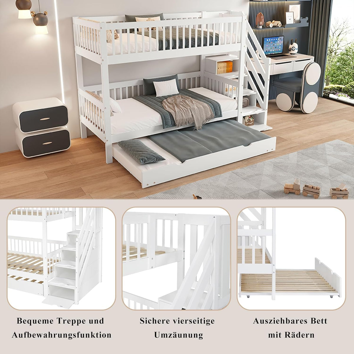 Cama litera infantil Rtopsu 90x200 cm con cama extraíble, cama alta con escalera y estantería de almacenamiento, cama casita con somier de madera y protección anticaída para 2-3 niños, blanco, sin colchón