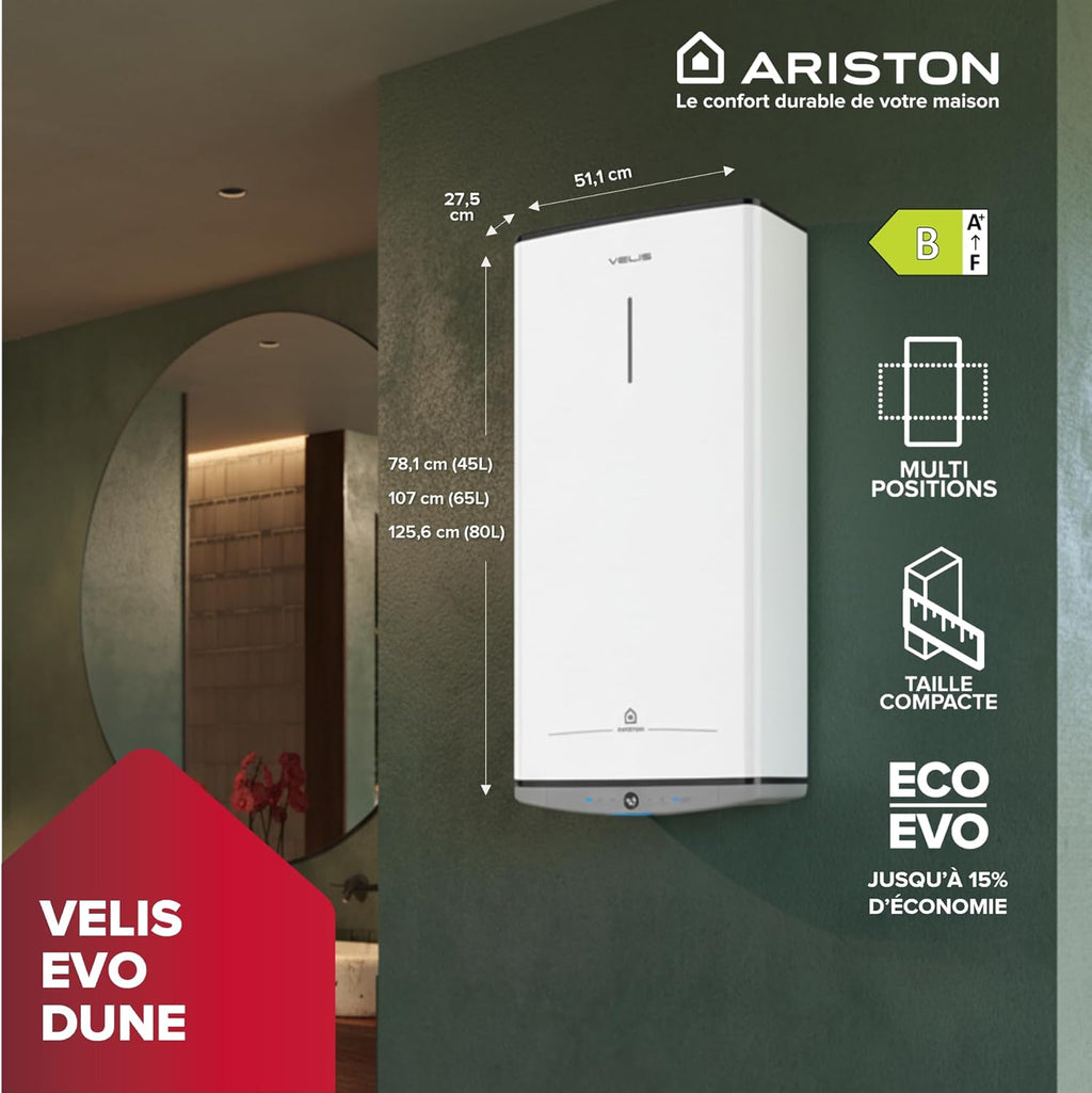 Ariston VELIS DUNE 45 litros - Calentador de agua eléctrico ultraplano - 13% de ahorro energético - Diseñado y fabricado para su instalación en Francia.