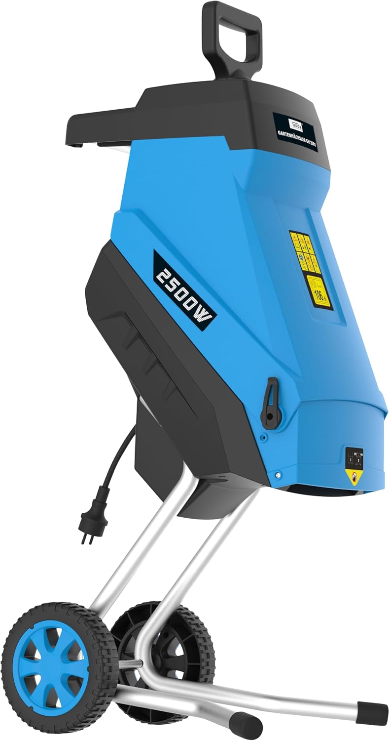 Trituradora de jardín Güde GH 2501 (2500 W, técnica de cuchillas, bajo mantenimiento, autoalimentación, ruedas de transporte, protección contra sobrecarga, grosor máx. de rama 45 mm, incl. bolsa de recogida de 45 L y empujador)