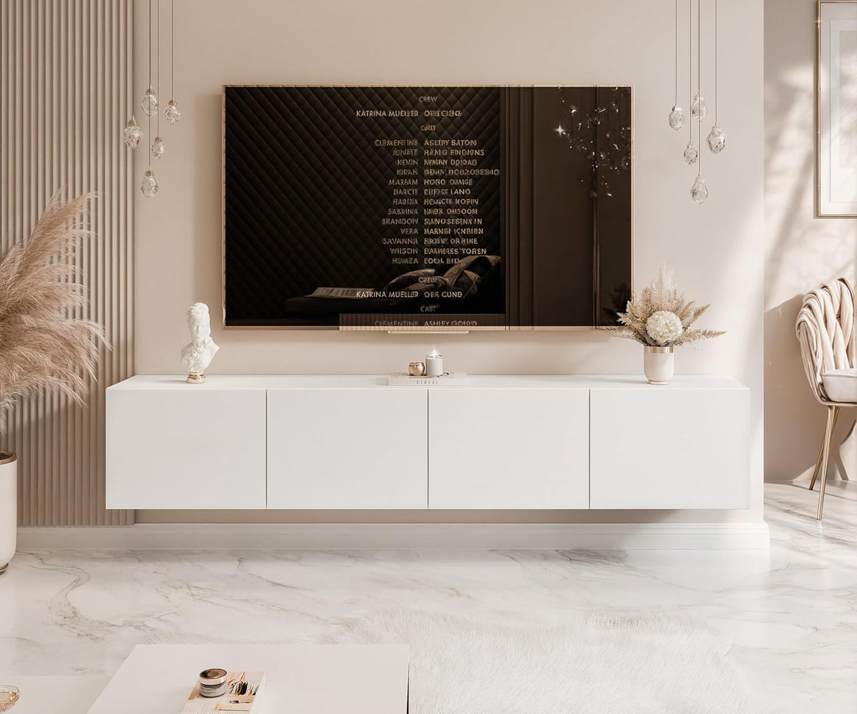 Mueble de TV de 200 cm, blanco mate, con 4 compartimentos grandes prácticos e iluminación LED - Mueble de TV colgante ideal para salones con estilo