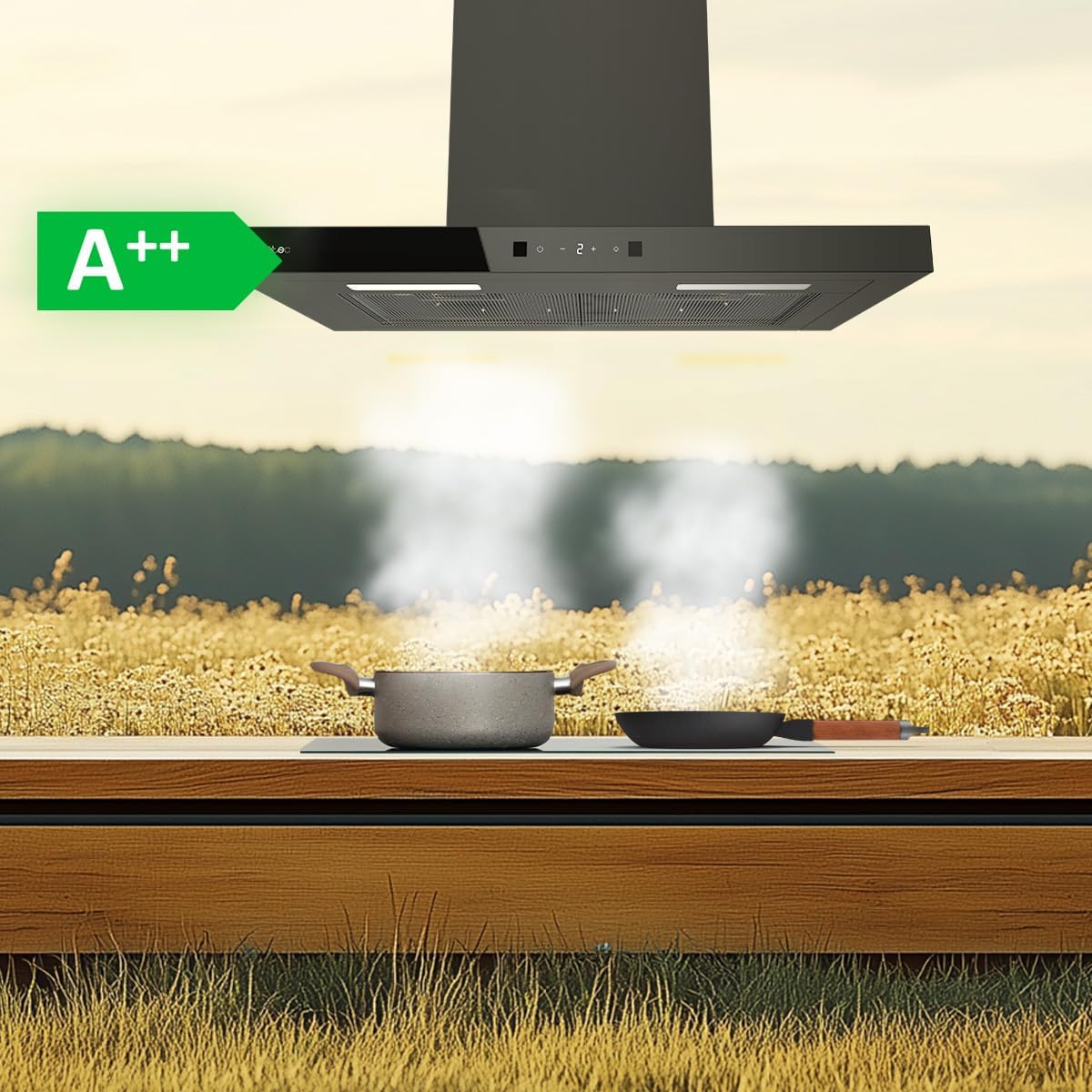 Cecotec Bolero Flux TT 604400 Black A++, okap kuchenny w kształcie litery T, 60 cm, moc ssania 413,3 m³/h, klasa A++, niewidoczne sterowanie dotykowe, sterowanie ręczne ruchem, funkcja Booster, filtr