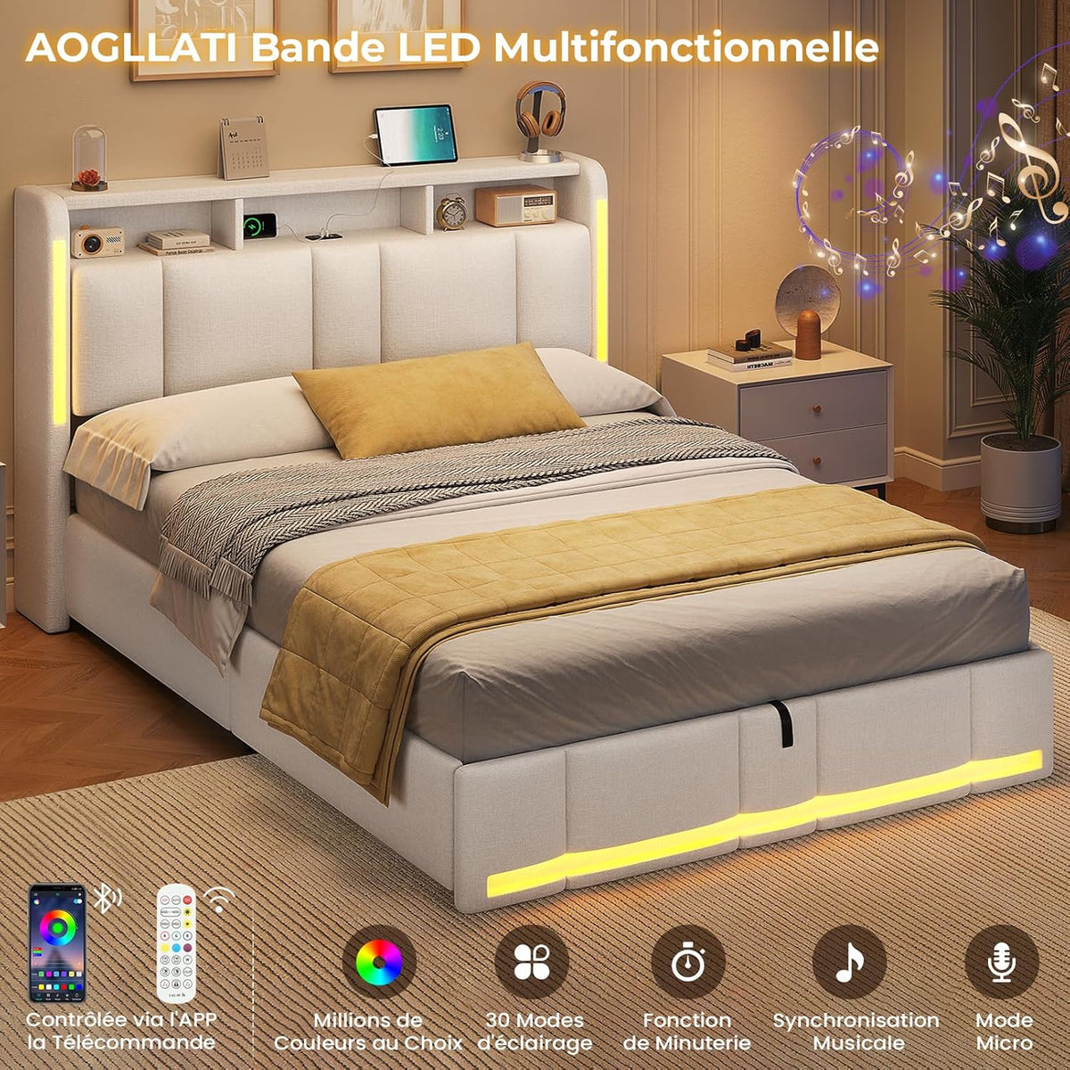 Cama tapizada AOGLLATI 140×200 con tomas de corriente e iluminación LED, cama doble con cabecero con almacenamiento y espacio de almacenamiento hidráulico, estructura de cama con somier, cama juvenil 140×200, lino, sin colchón, beige