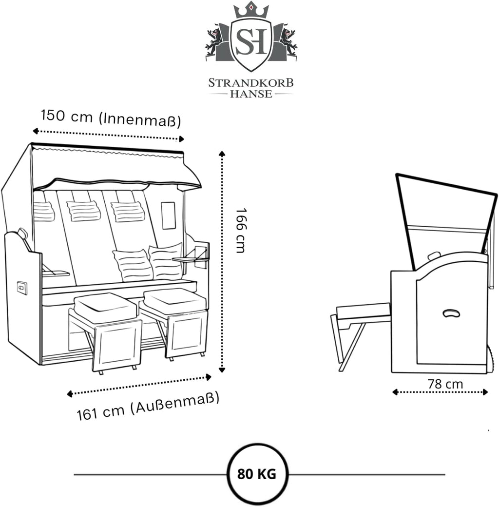 Strandkorb Hanse Ostsee 2,5 plazas Klassik XXL, 160 cm de ancho - Reclinable, ya montado, incluye ruedas para strandkorb, ideal para el hogar, balcón y terraza