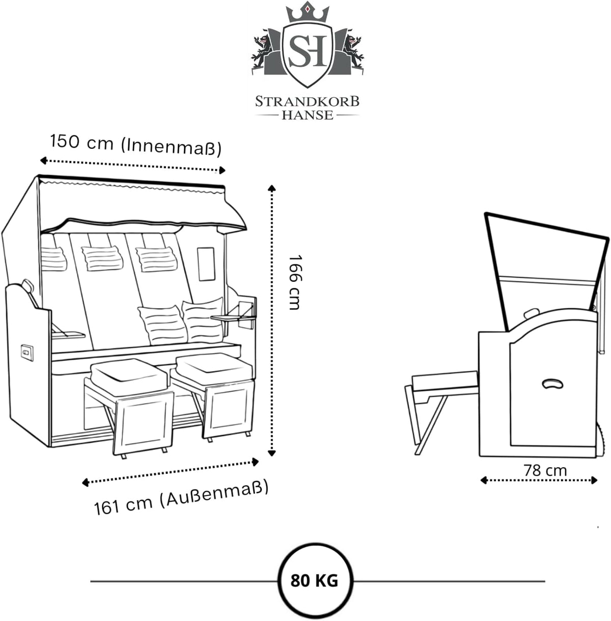 Strandkorb Hanse Ostsee 2,5 plazas Klassik XXL, 160 cm de ancho - Reclinable, ya montado, incluye ruedas para strandkorb, ideal para el hogar, balcón y terraza
