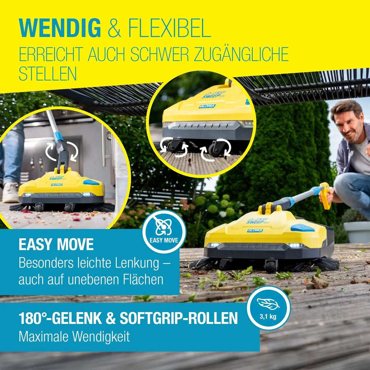 Gloria EasySweep 18V Set barredora a batería, 40 cm, depósito de 4,5 l, para acera, terraza, entrada, garaje, interior y exterior
