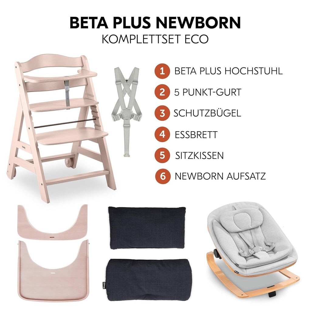 Hauck Trona Beta+ Newborn Set Eco Bouncer - Trona de madera evolutiva para bebés desde el nacimiento, incluye accesorio para recién nacidos, cojín de asiento y bandeja - Gris oscuro