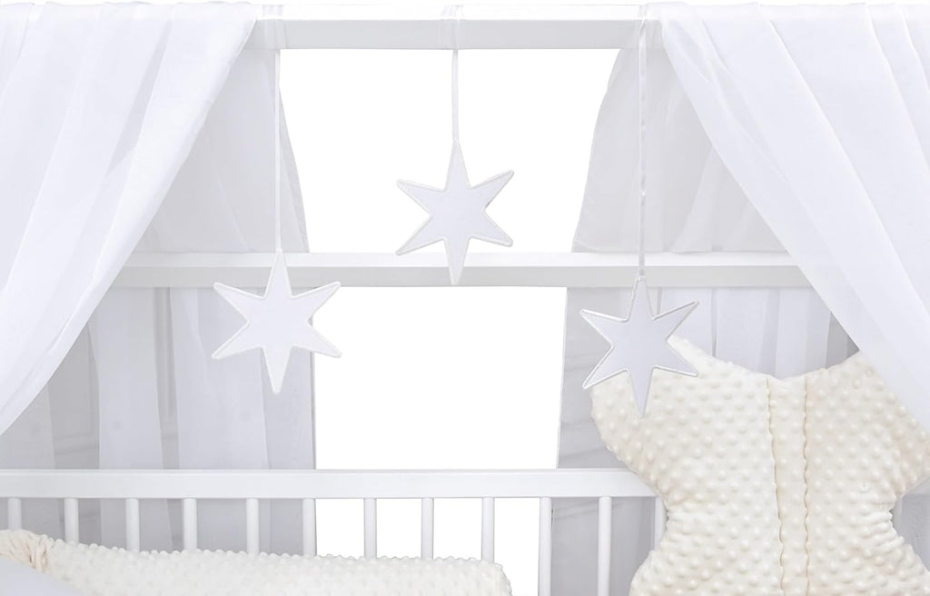 Set completo de cuna Baby Delux, cama casita de 60x120 cm, color blanco, con cajón, barrera anticaídas, colchón, ropa de cama y set de decoración (Prince Stars)