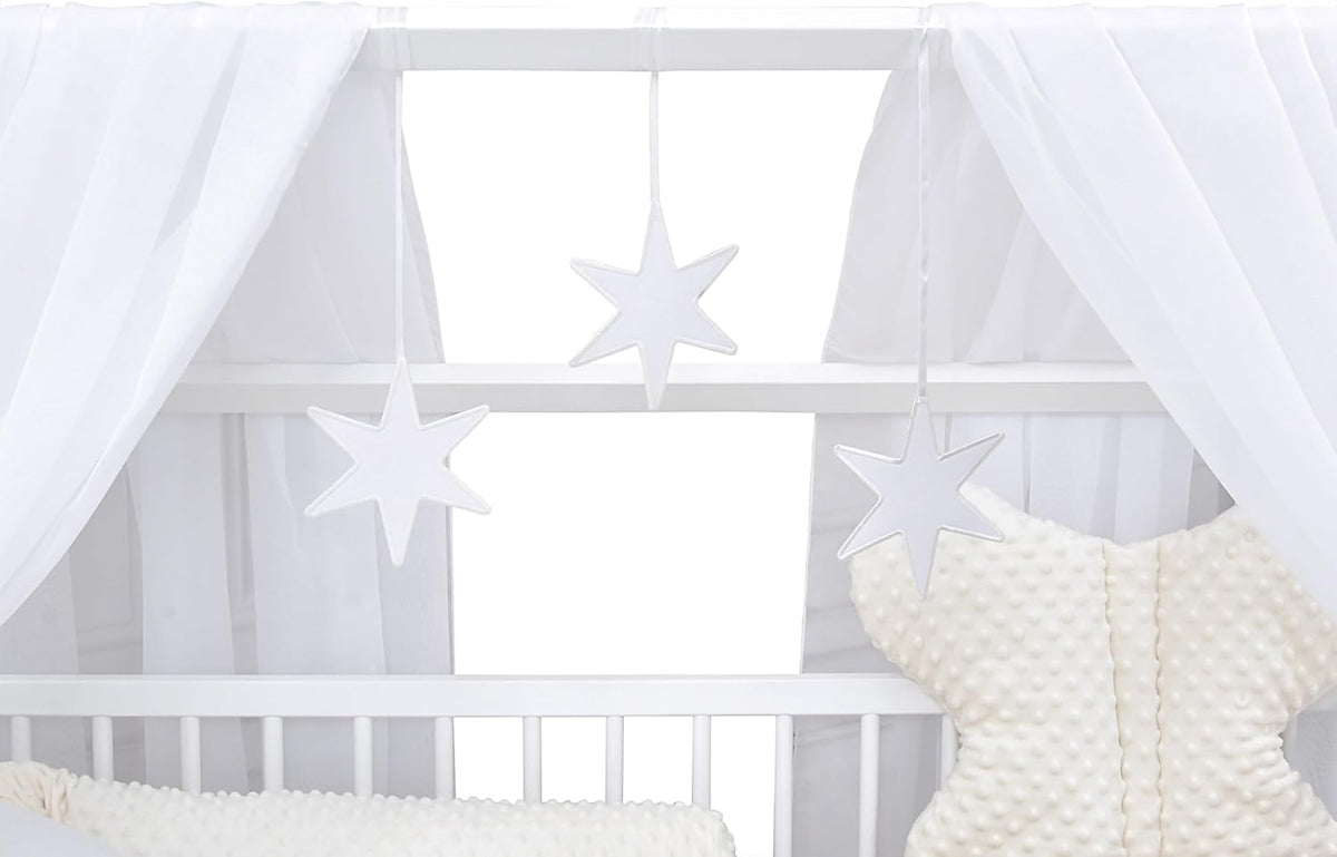 Set completo de cuna Baby Delux, cama casita de 60x120 cm, color blanco, con cajón, barrera anticaídas, colchón, ropa de cama y set de decoración (Prince Stars)