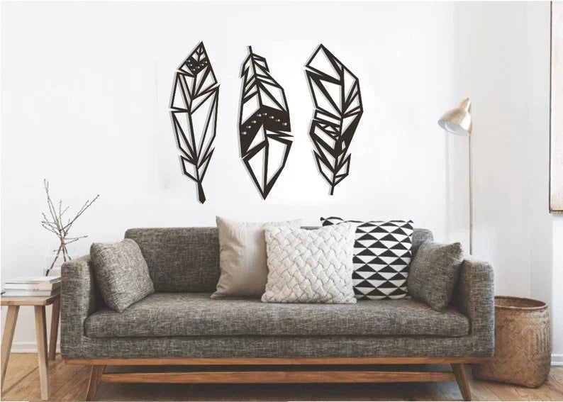 Arte de pared de pluma geométrica de madera, madera contrachapada de 6 mm, 50-90 cm de ancho, decoración minimalista para el hogar