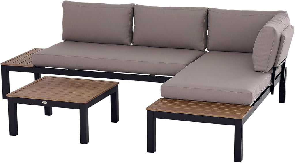 Set de muebles de jardín Outsunny de 3 piezas con mesa auxiliar, sofá con cojines, para exteriores, de aluminio, 164 x 74 x 69 cm