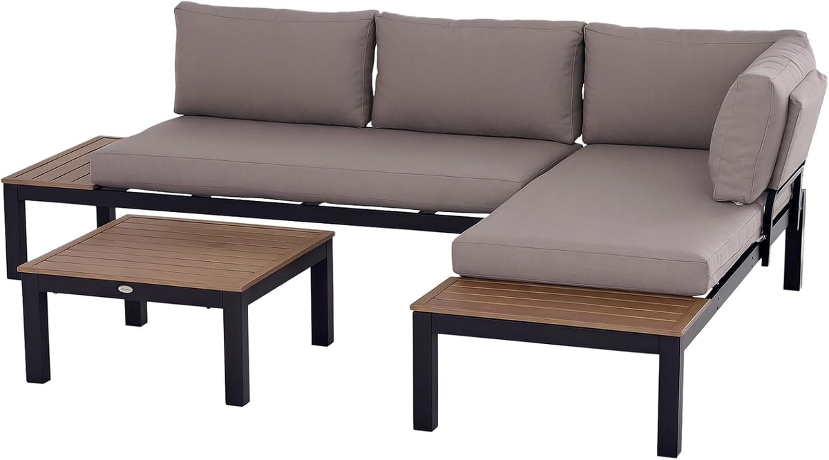 Set de muebles de jardín Outsunny de 3 piezas con mesa auxiliar, sofá con cojines, para exteriores, de aluminio, 164 x 74 x 69 cm