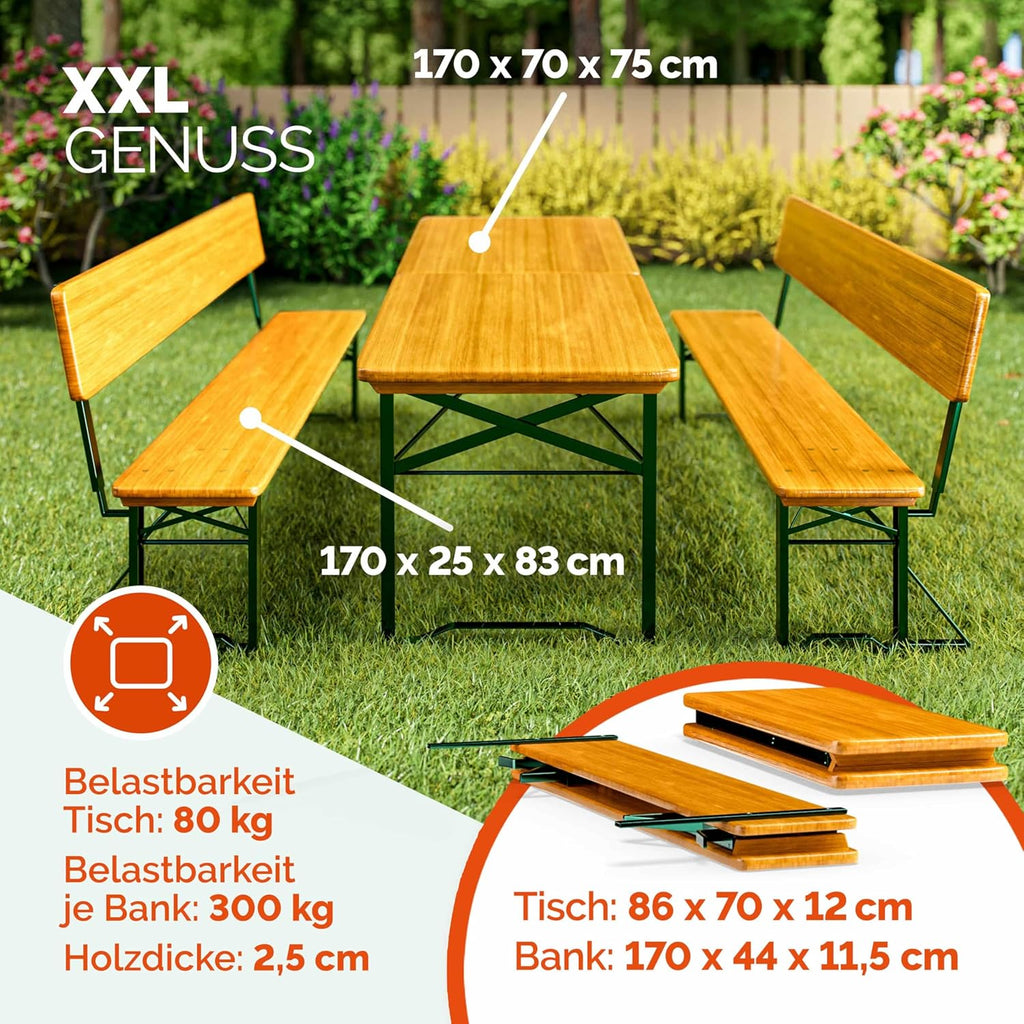 Casaria® Juego de mesa y bancos de cerveza con respaldo 170 cm, plegable y estable, 2 bancos, 1 mesa ancha, madera, mobiliario de jardín, mobiliario para eventos