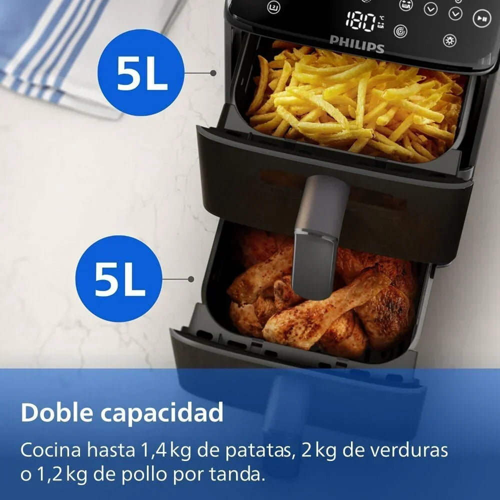 Philips Airfryer Serie 4000 de Doble Cesta Vertical 10L – Tecnología RapidAir, Sync, 2 cestas a la vez, 45% menos de espacio, revestimiento cerámico sin PFAS, ventanas de visualización (NA460/00)