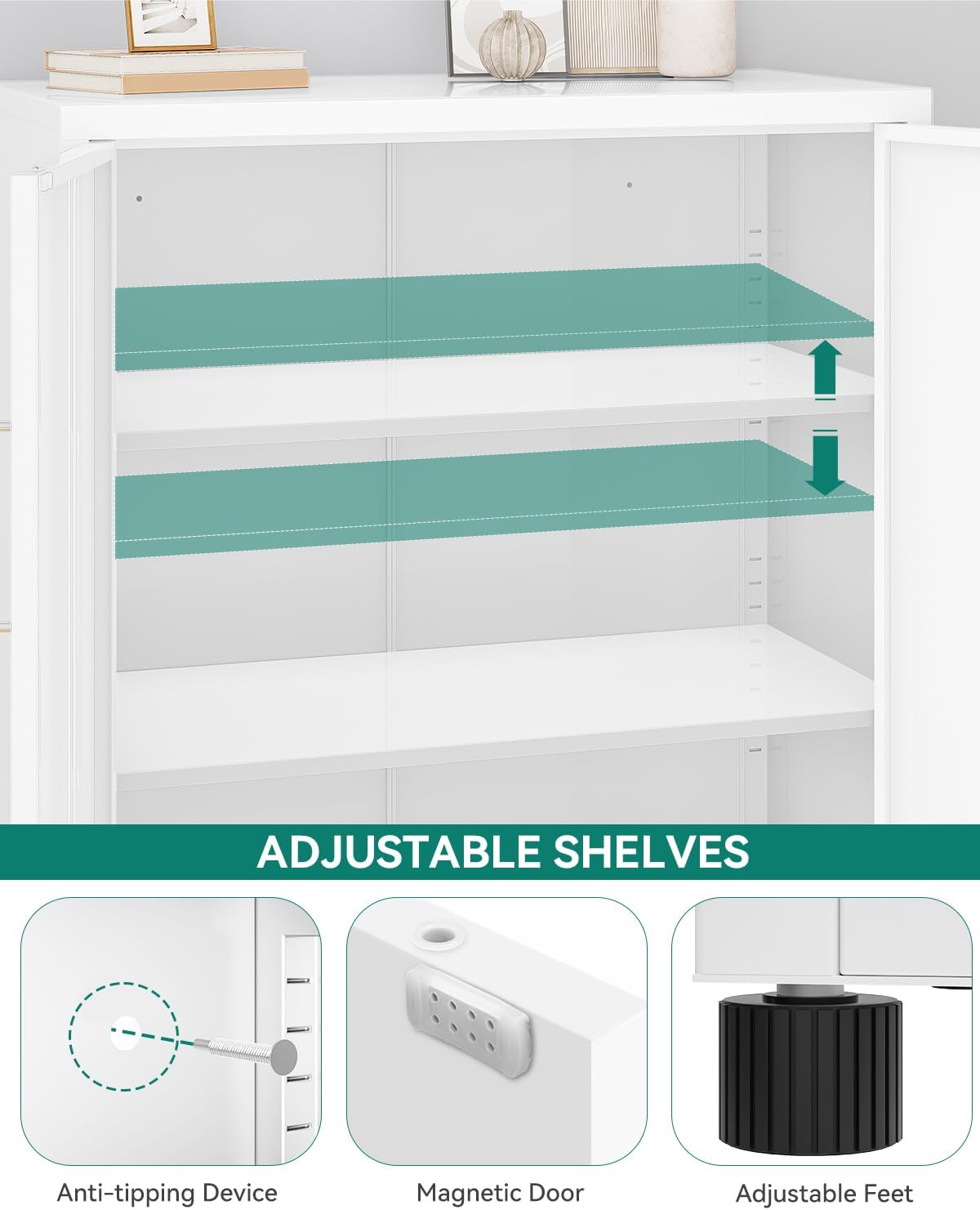Armario de almacenamiento de 2 puertas YITAHOME, archivadores de metal con llave, armario de almacenamiento con 2 estantes ajustables, armario organizador de baño, archivadores para oficina en casa, blanco