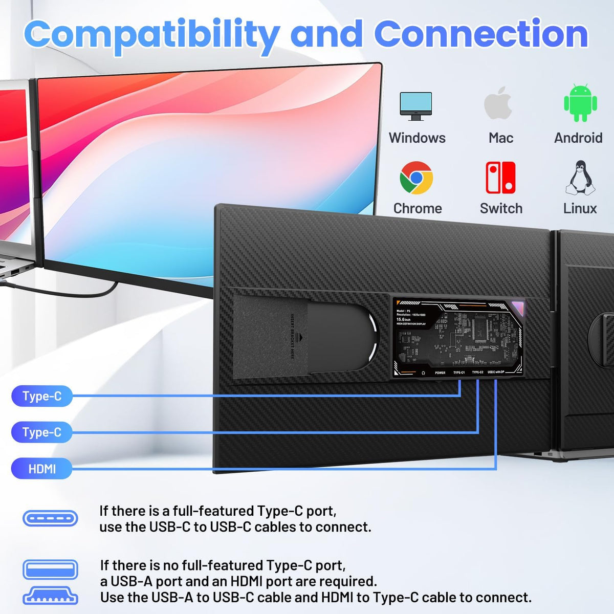 Teamgee Monitor portátil para portátil de 15,6”, extensor de pantalla FHD IPS 1080P compatible con portátiles de 13-17”, pantalla extendida delgada sin bordes con soporte desmontable, Plug-and-Play para Mac y Windows