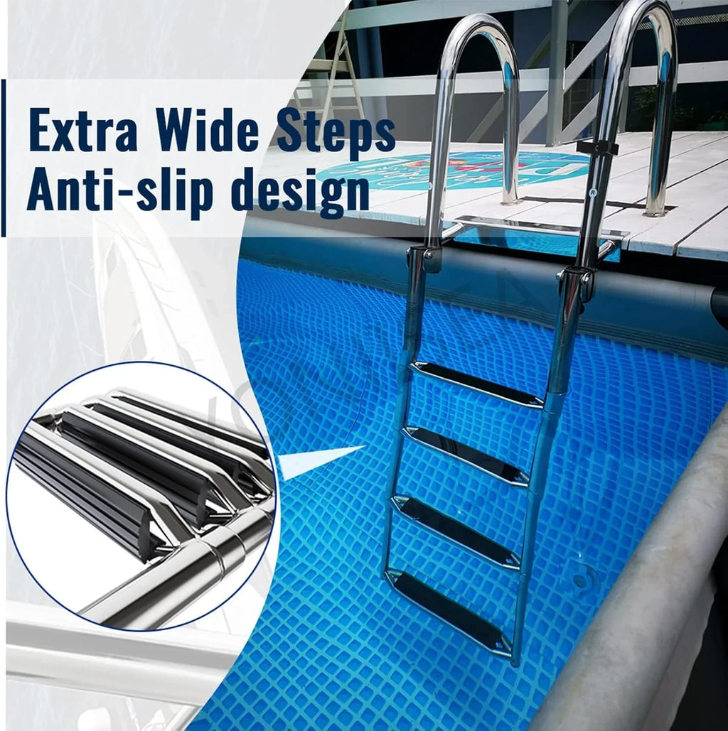 Escalera de piscina de acero inoxidable plegable de 4 peldaños, extensible, altura de piscina de 120-150 cm, peldaños antideslizantes, pasamanos, capacidad de carga de 220 kg