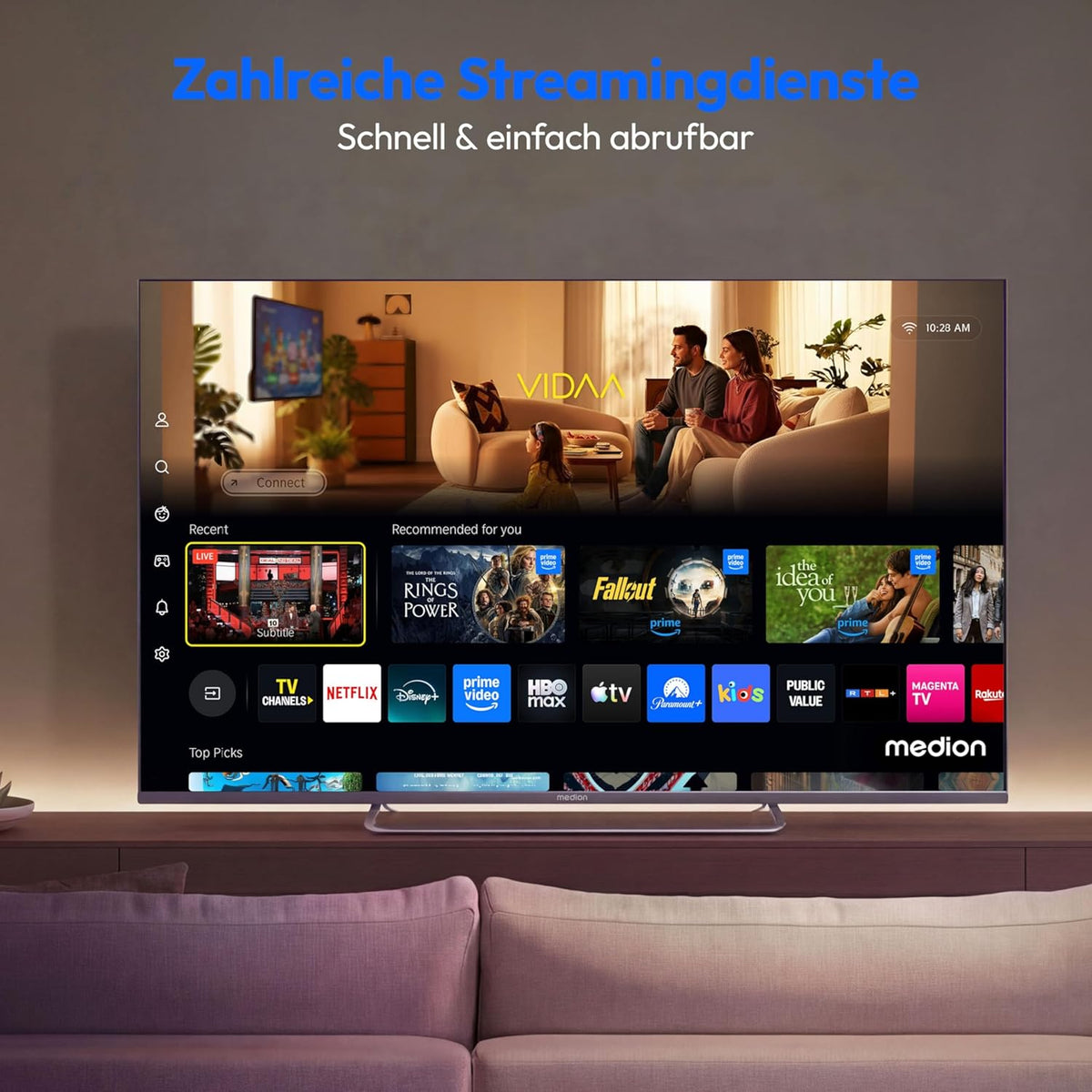 Televisor MEDION de 163,9 cm (65 pulgadas) (Smart TV, Dolby Vision HDR, HBO Max, MagentaTV, Prime Video, Disney+, DAZN, Paramount+, Dolby Atmos, tienda VIDAA, PVR, Bluetooth, MD 865302)