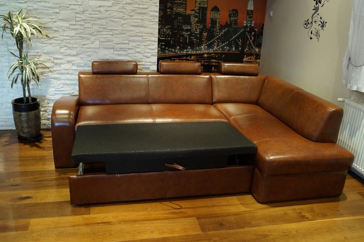 Sofá esquinero de piel auténtica Antalya II 3 plazas 245 x 164 cm con función de cama, arcón y reposacabezas, sofá en esquina de cuero auténtico marrón antiguo 3000