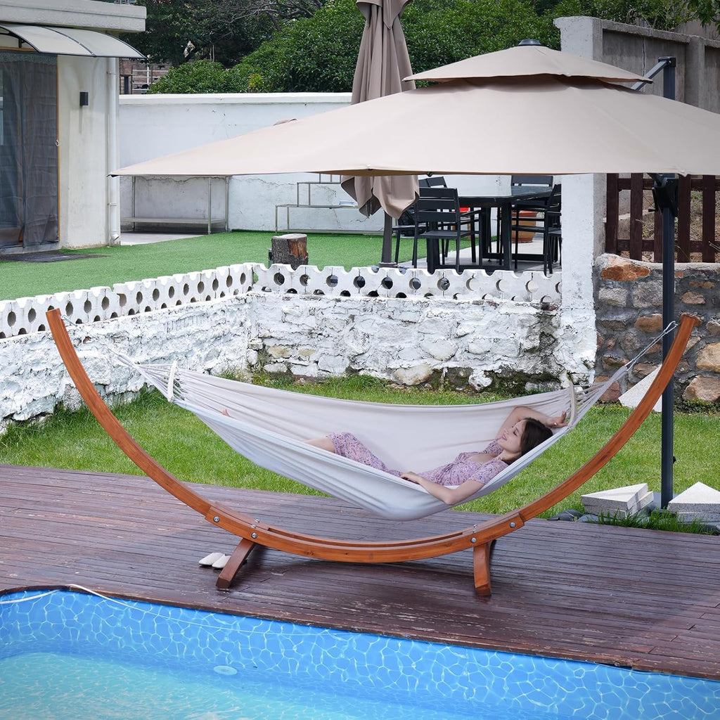 Hamaca con soporte, incluye 2 hamacas, capacidad de carga de 200 kg, dimensiones: 320x120x120 cm, estructura arqueada estable de madera de pino macizo, para jardín, terraza y balcón