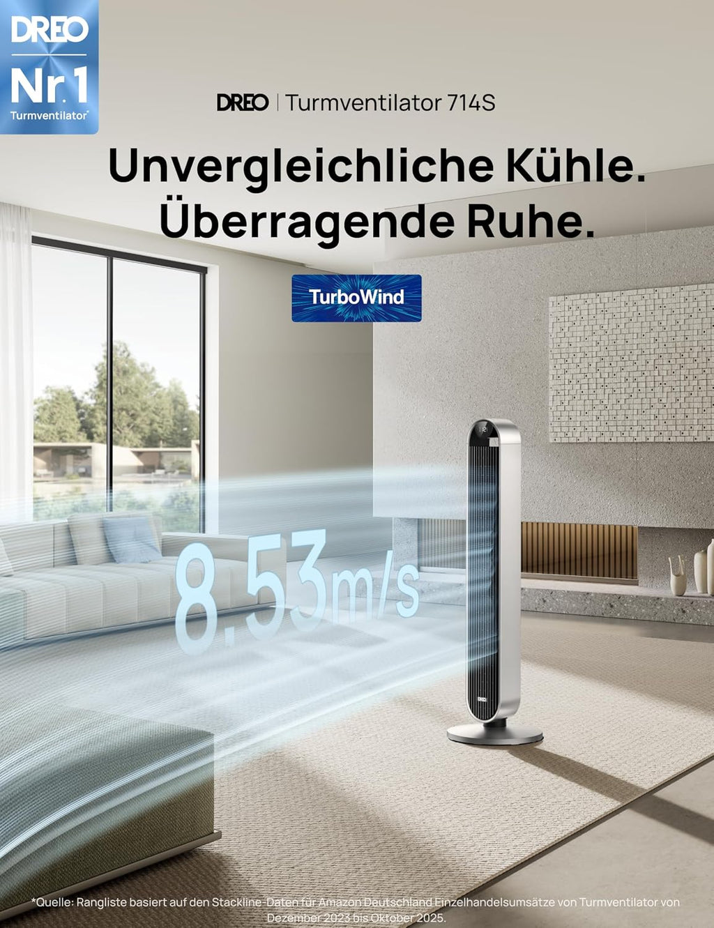 Ventilador de torre inteligente DREO muy silencioso, ventilador oscilante de 120° con refrigeración, ventilador de pie de 25 dB con control remoto para dormitorio, 12 velocidades, 4 modos, temporizador de 12 horas, Pilot Max S
