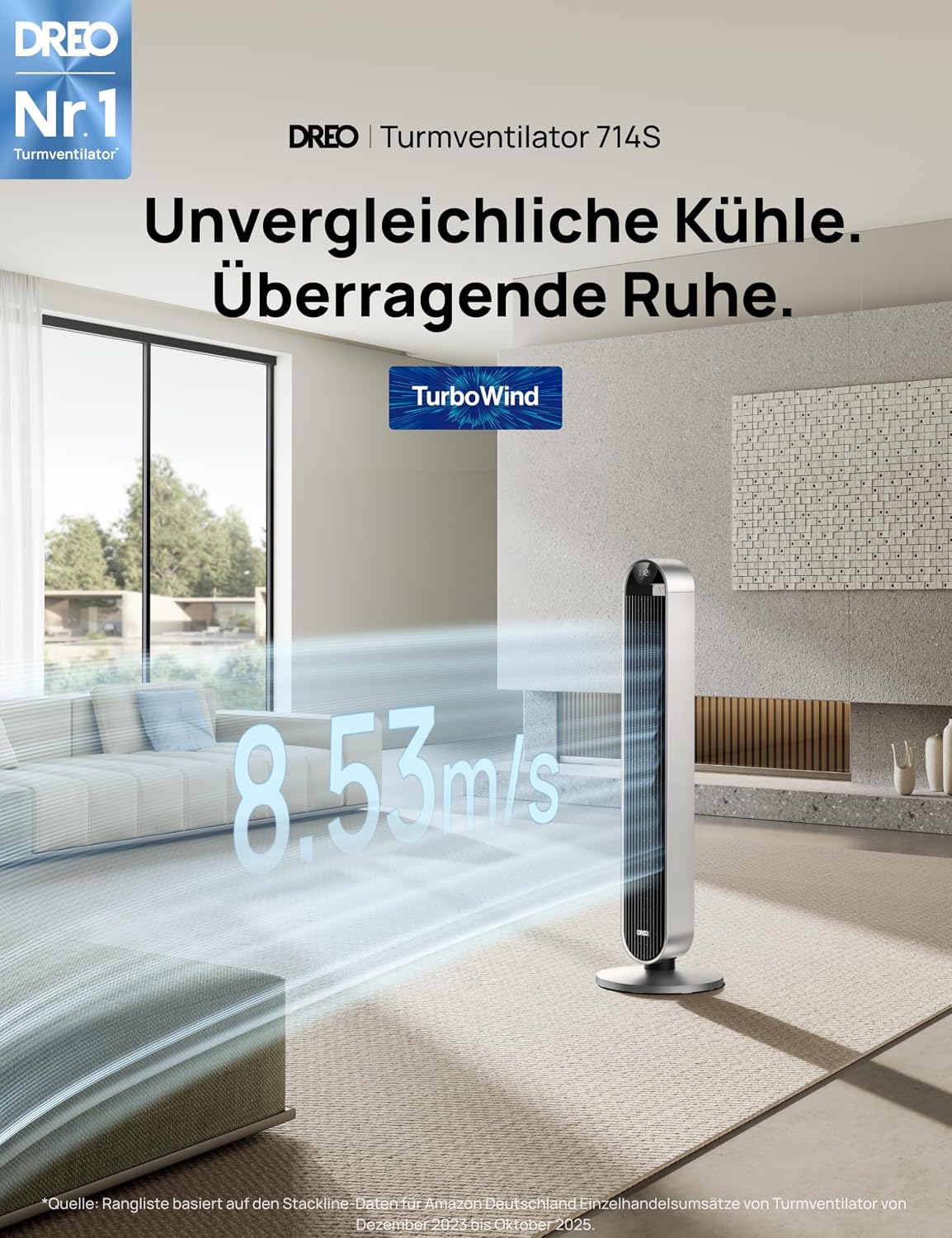 Ventilador de torre inteligente DREO muy silencioso, ventilador oscilante de 120° con refrigeración, ventilador de pie de 25 dB con control remoto para dormitorio, 12 velocidades, 4 modos, temporizador de 12 horas, Pilot Max S