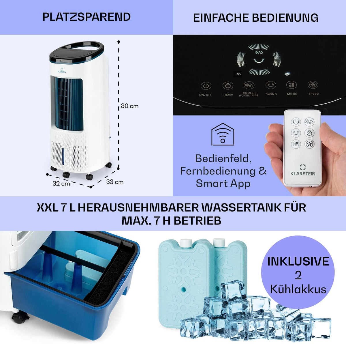 Enfriador de aire Klarstein con refrigeración por agua, enfriador evaporativo 4 en 1 silencioso, humidificador, ventilador y modo nocturno, aire acondicionado portátil de 7 L, enfriador de aire de 65 W, flujo de aire refrigerante de 330 m³/h