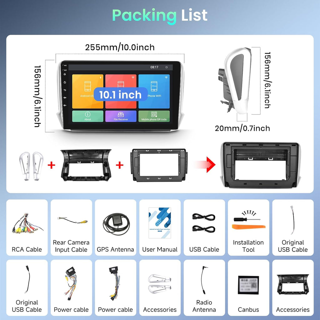 Autoradio GPS Android Podofo para Peugeot 208/2008 2012-2018, Navegador para coche con pantalla táctil de 10", WiFi, Bluetooth, FM, RDS, Mirror Link, USB, Radio de coche, Reproductor estéreo de vídeo