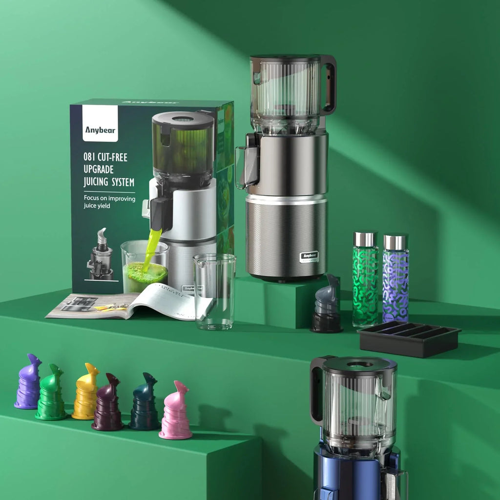Extractor de zumos Anybear 350W, licuadora de prensado en frío, boca de alimentación de 124 mm, tecnología de doble triturado, libre de BPA, Tritan, alto rendimiento de zumo