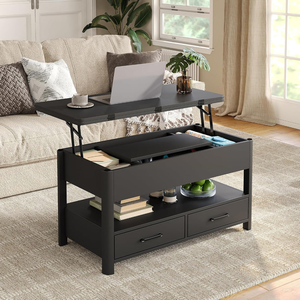 Mesa de centro elevable Furnihold con cajones y compartimento secreto, mesa de salón convertible en mesa de comedor, negro