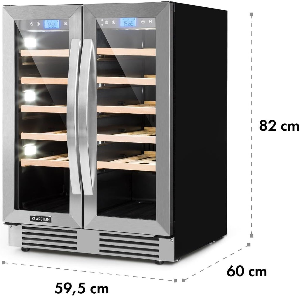 Klarstein Vinovilla Duo42, Bodega climatizada, Refrigerador de bebidas, Volumen: 126 L, 2 x 5 estantes de madera, Iluminación interior LED en 3 colores seleccionables, 2 zonas de enfriamiento, negro