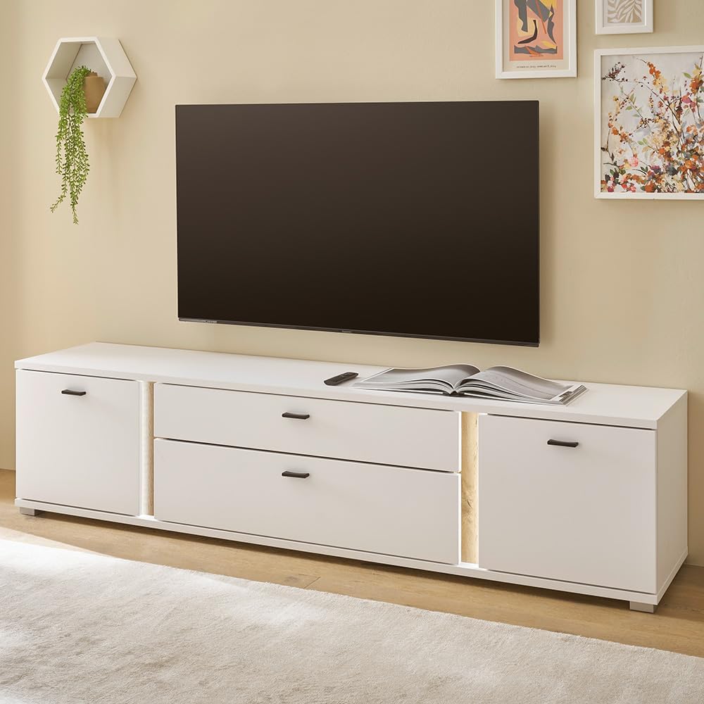 Set de mueble de salón Lomadox de 4 piezas, muebles de sala en blanco y roble, estilo moderno, incluye 1 vitrina, 1 armario alto, 1 mueble bajo, 1 estante de pared e iluminación LED.