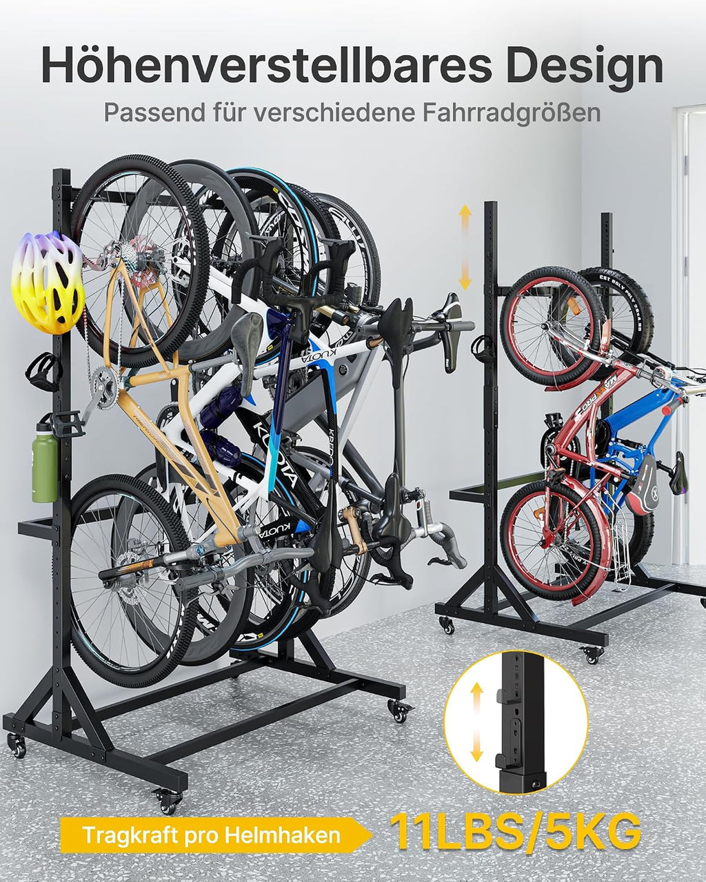Soporte para bicicletas independiente para 5 bicicletas, portabicicletas vertical con 5 ganchos, 6 ganchos para cascos, estructura de acero, capacidad de carga de 160 kg