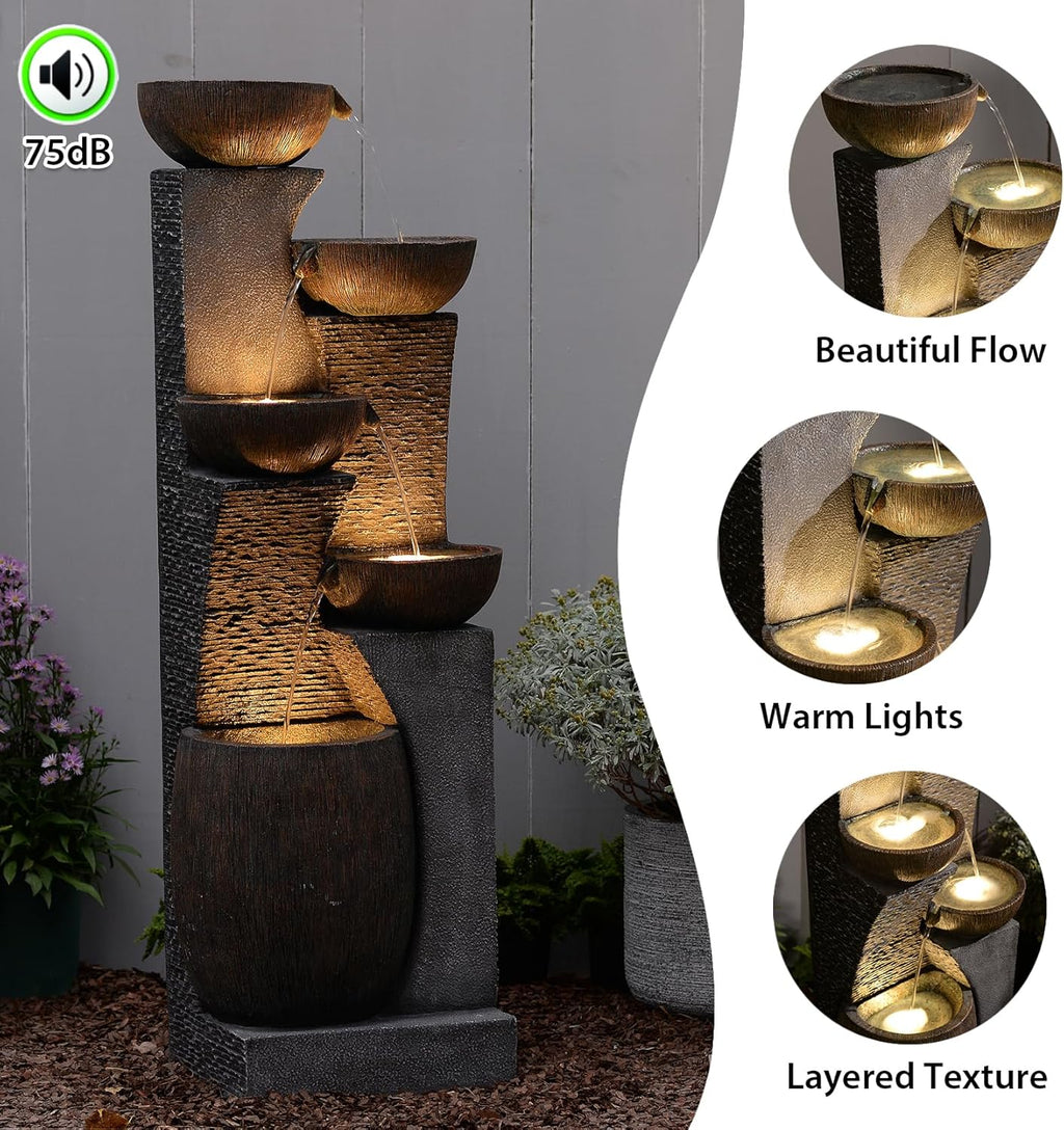 Fuente de jardín grande Bumilgar para exteriores con iluminación LED, fuente en cascada de 5 niveles para jardín, balcón, terraza, 134x46x37 cm
