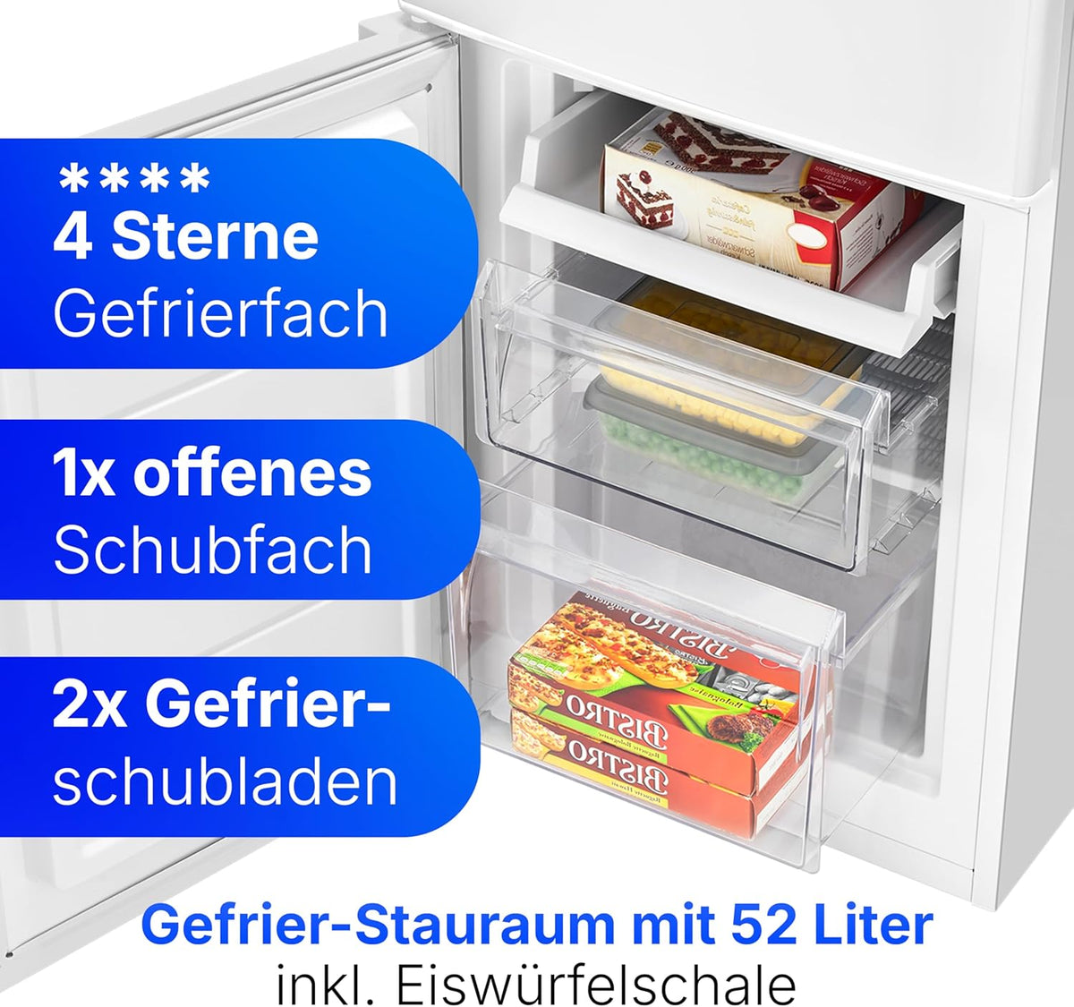 Bomann, KG7359 Frigorífico y Congelador 173L Blanco - 121L Frigorífico, 52L Congelador 4 Estrellas, Iluminación LED, Alarma de Puerta Abierta, Cajón para Verduras, 3 Estantes de Cristal, Ahorro de Energía