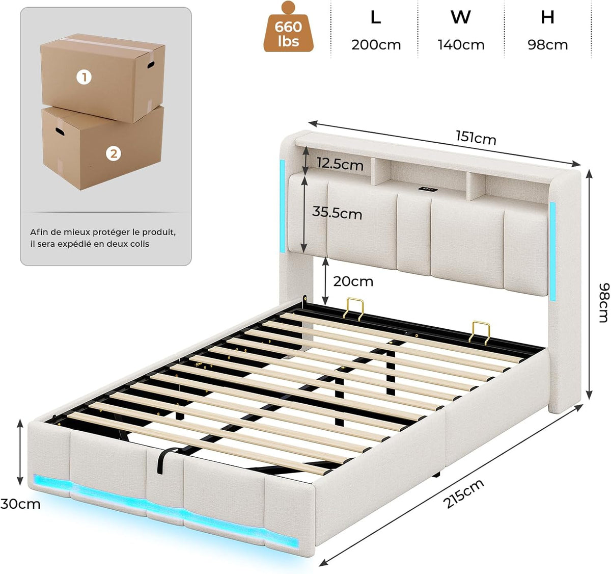 Cama tapizada AOGLLATI 140×200 con tomas de corriente e iluminación LED, cama doble con cabecero con almacenamiento y espacio de almacenamiento hidráulico, estructura de cama con somier, cama juvenil 140×200, lino, sin colchón, beige