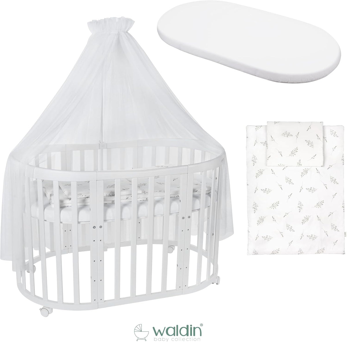 Cuna ovalada evolutiva Waldin, set completo 7 en 1, cuna de barrotes, cama infantil con colchón, cambiador, cuna colecho, madera blanca