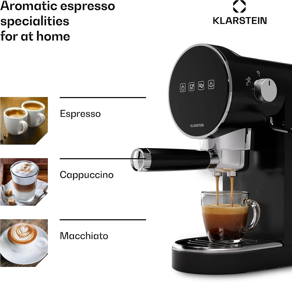 Klarstein Ekspres kolbowy do espresso ze spieniaczem do mleka, 0,9L mini ekspres retro z kolbą, 1360 W mały do kawy, do cappuccino, latte i macchiato