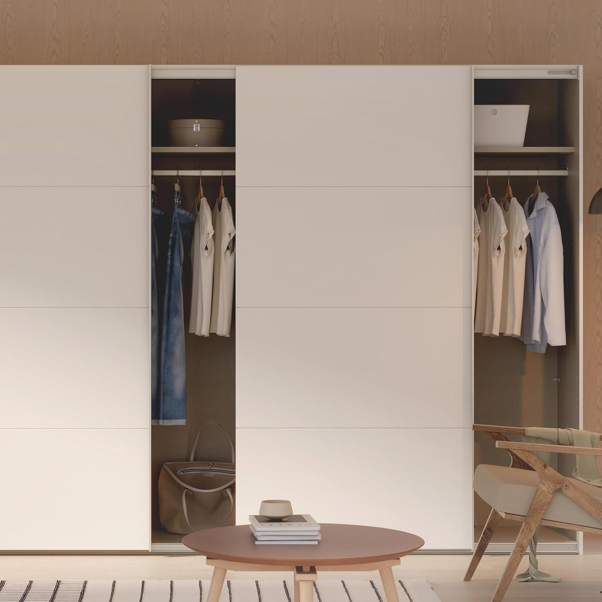 Armario corredero Forte SOPHISTISPACE 300 de 3 puertas con estantes y barra para colgar ropa, blanco, 299,8 cm de ancho, 210,5 cm de alto, 62,9 cm de profundidad