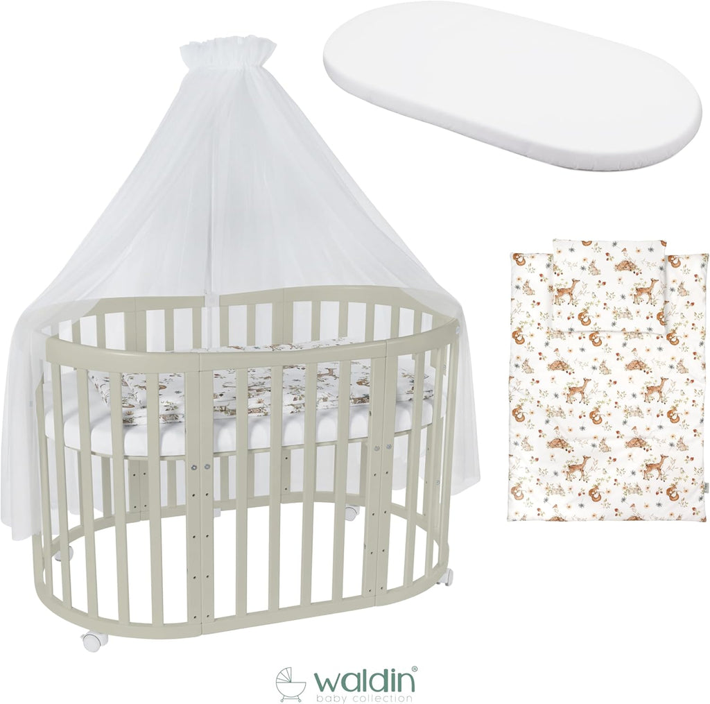 Cuna ovalada evolutiva Waldin, set completo 7 en 1, cuna de barrotes, cama infantil con colchón, cambiador, cuna colecho, madera blanca